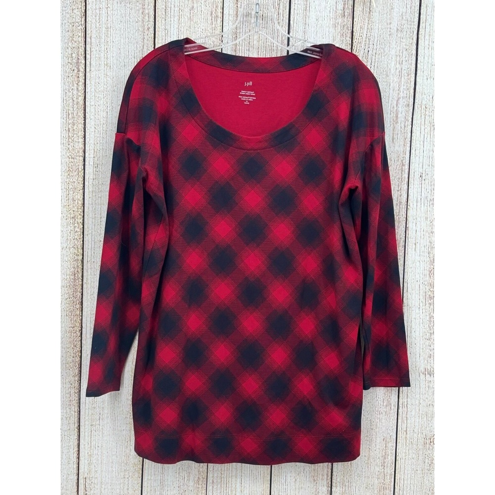 J. Jill Simply Supima Top Size Medium Petite‎ Scoop-Neck Tunic Holiday Plaid